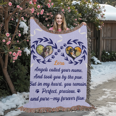 Personalized woven pet memorial blanket with 2 photos, pawprints, lavender leaf accents, and heartfelt remembrance quote