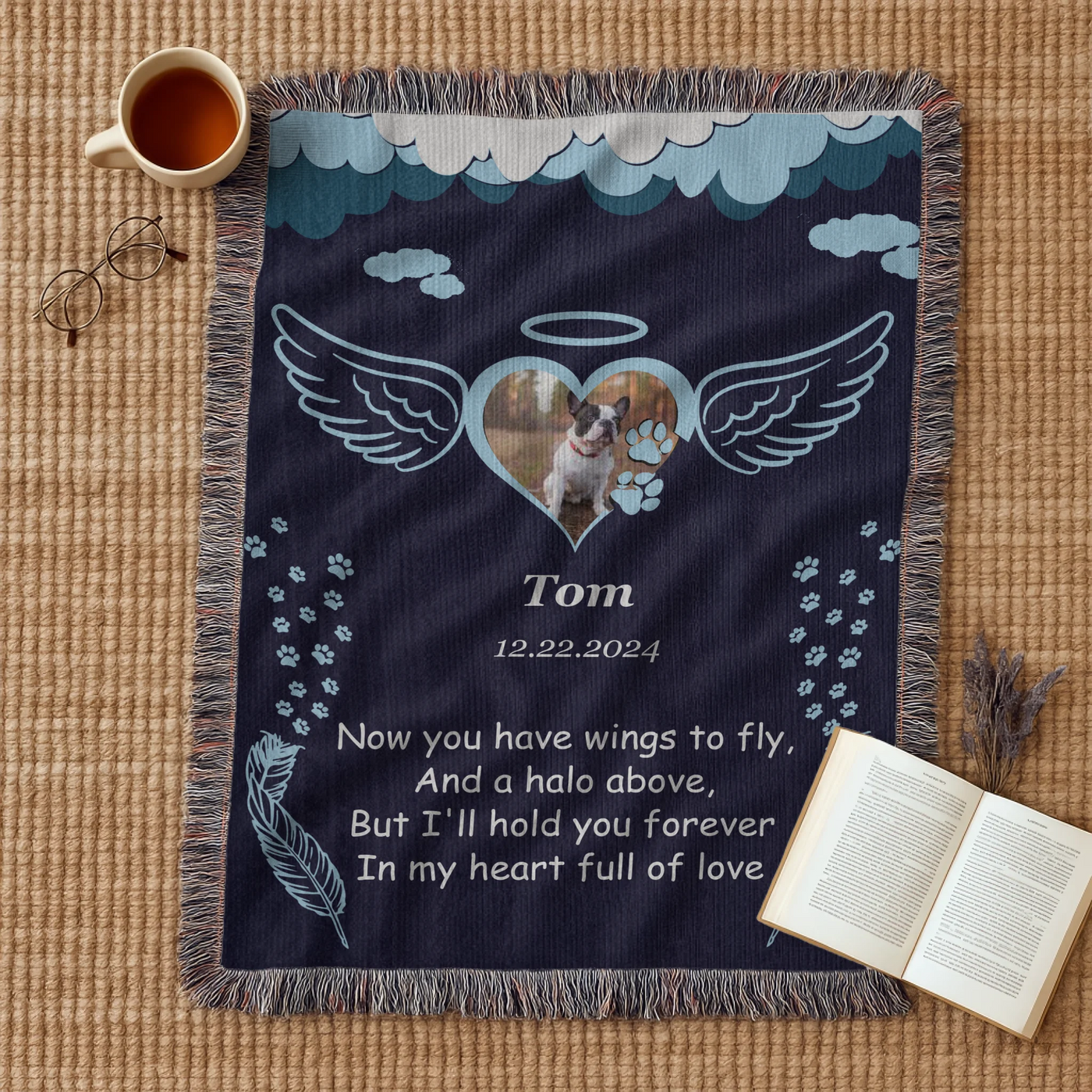 Personalized pet memorial woven blanket with angel wings, halo, photo, name, date, and remembrance poem on a navy background