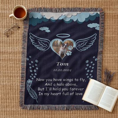 Personalized pet memorial woven blanket with angel wings, halo, photo, name, date, and remembrance poem on a navy background