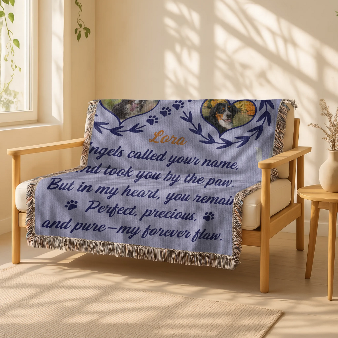 Personalized woven pet memorial blanket with 2 photos, pawprints, lavender leaf accents, and heartfelt remembrance quote