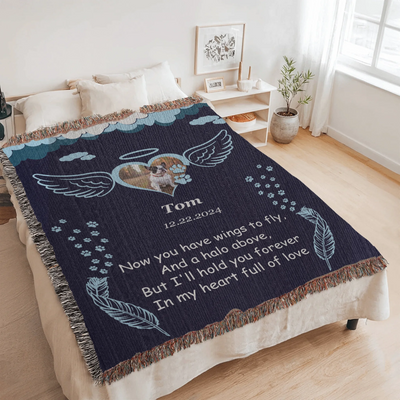Personalized pet memorial woven blanket with angel wings, halo, photo, name, date, and remembrance poem on a navy background