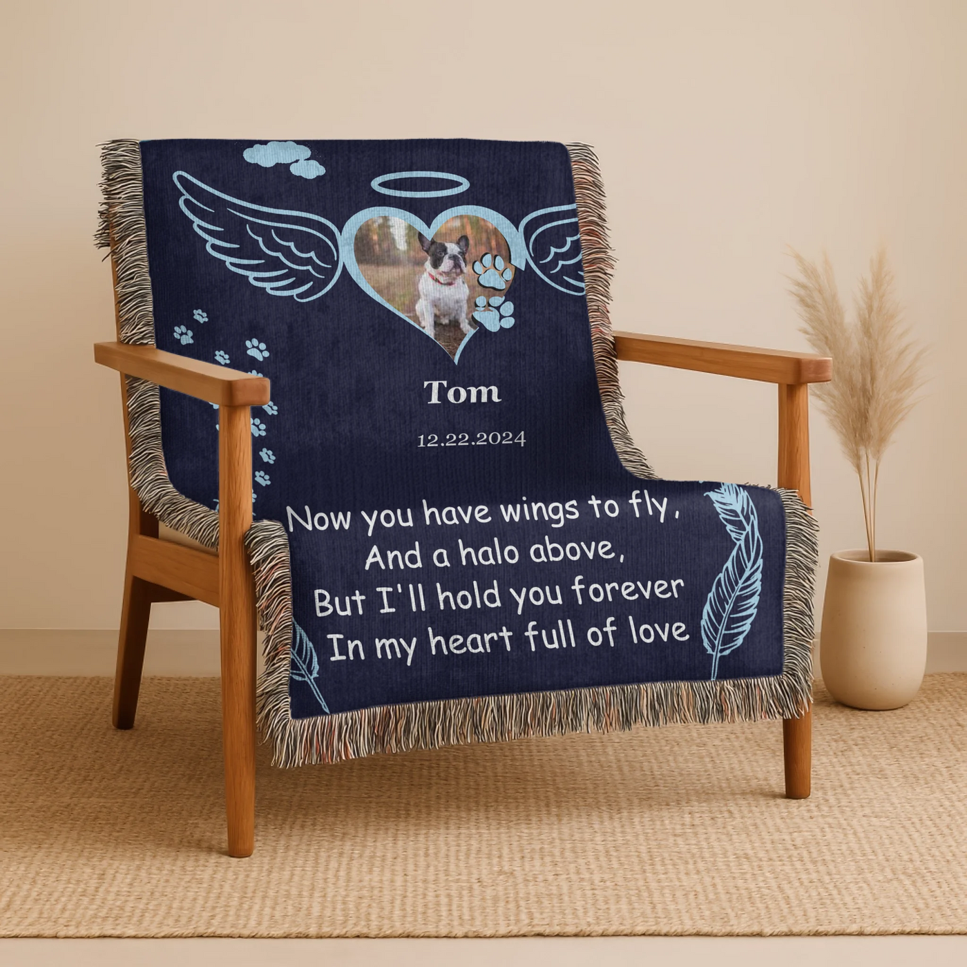 Personalized pet memorial woven blanket with angel wings, halo, photo, name, date, and remembrance poem on a navy background
