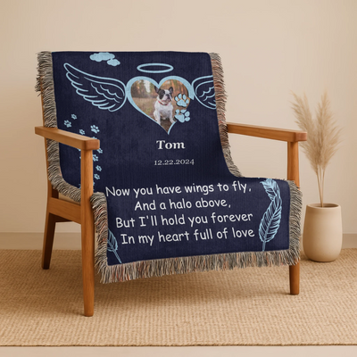 Personalized pet memorial woven blanket with angel wings, halo, photo, name, date, and remembrance poem on a navy background