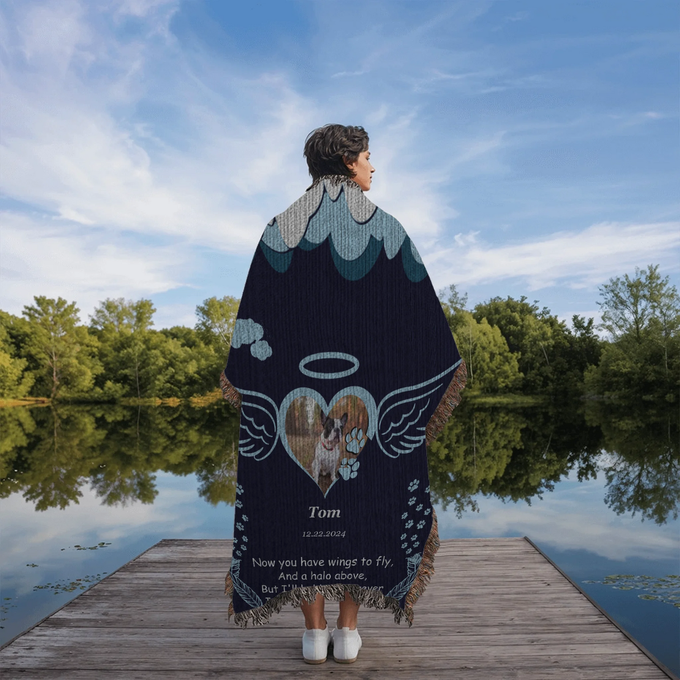 Personalized pet memorial woven blanket with angel wings, halo, photo, name, date, and remembrance poem on a navy background