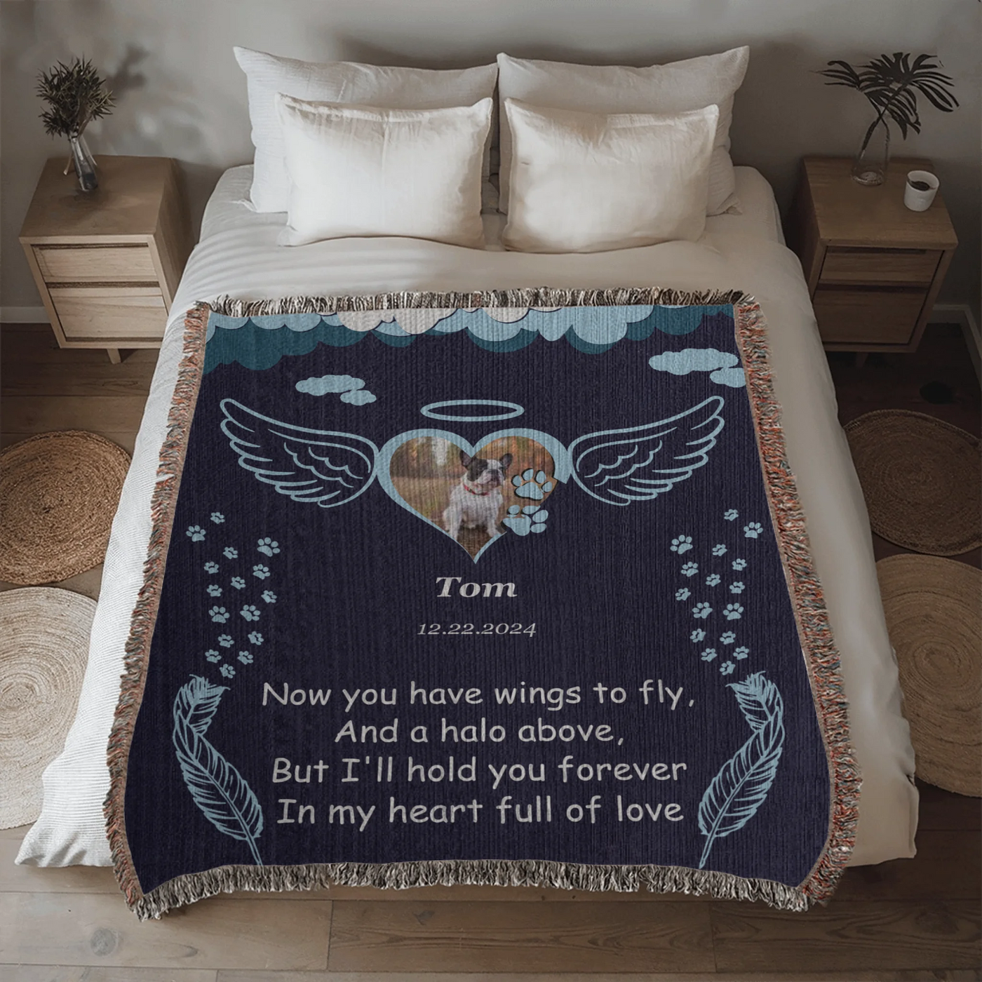 Personalized pet memorial woven blanket with angel wings, halo, photo, name, date, and remembrance poem on a navy background