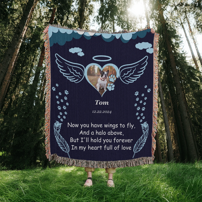 Personalized pet memorial woven blanket with angel wings, halo, photo, name, date, and remembrance poem on a navy background