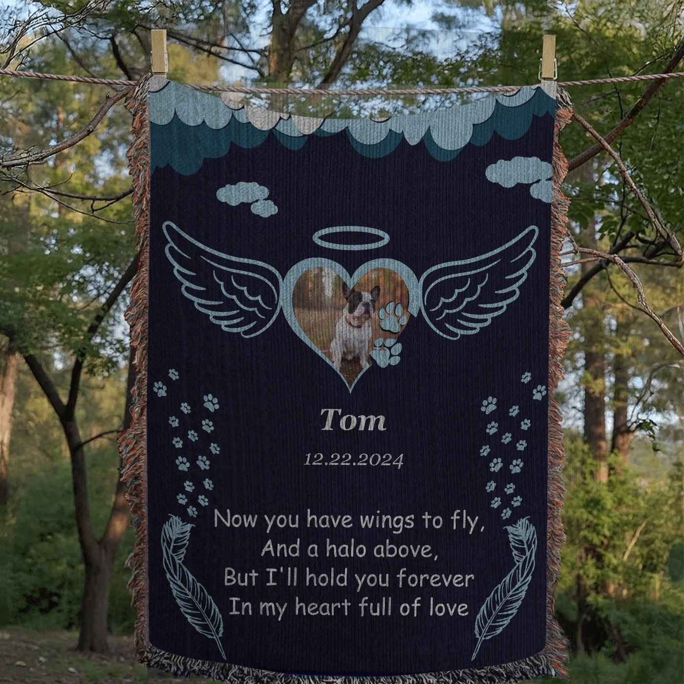Personalized pet memorial woven blanket with angel wings, halo, photo, name, date, and remembrance poem on a navy background