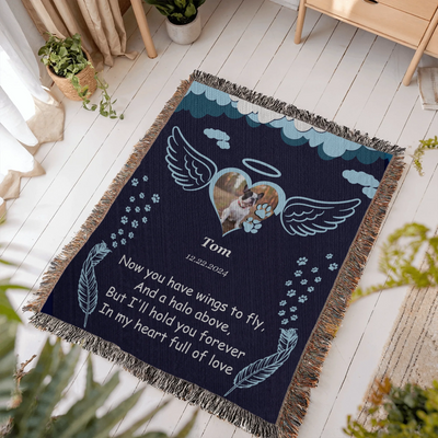 Personalized pet memorial woven blanket with angel wings, halo, photo, name, date, and remembrance poem on a navy background
