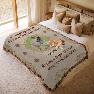 Personalized woven pet memorial blanket with photo, name, pawprint accents, and heartfelt quote in a soft boho design