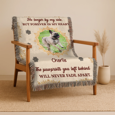 Personalized woven pet memorial blanket with photo, name, pawprint accents, and heartfelt quote in a soft boho design