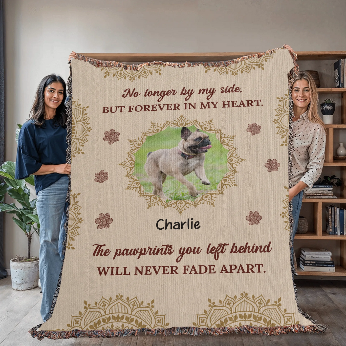 Personalized woven pet memorial blanket with photo, name, pawprint accents, and heartfelt quote in a soft boho design
