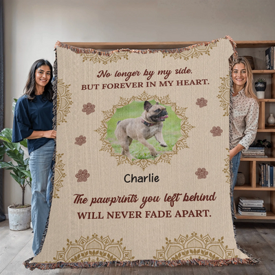 Personalized woven pet memorial blanket with photo, name, pawprint accents, and heartfelt quote in a soft boho design