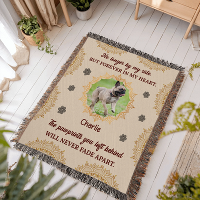 Personalized woven pet memorial blanket with photo, name, pawprint accents, and heartfelt quote in a soft boho design