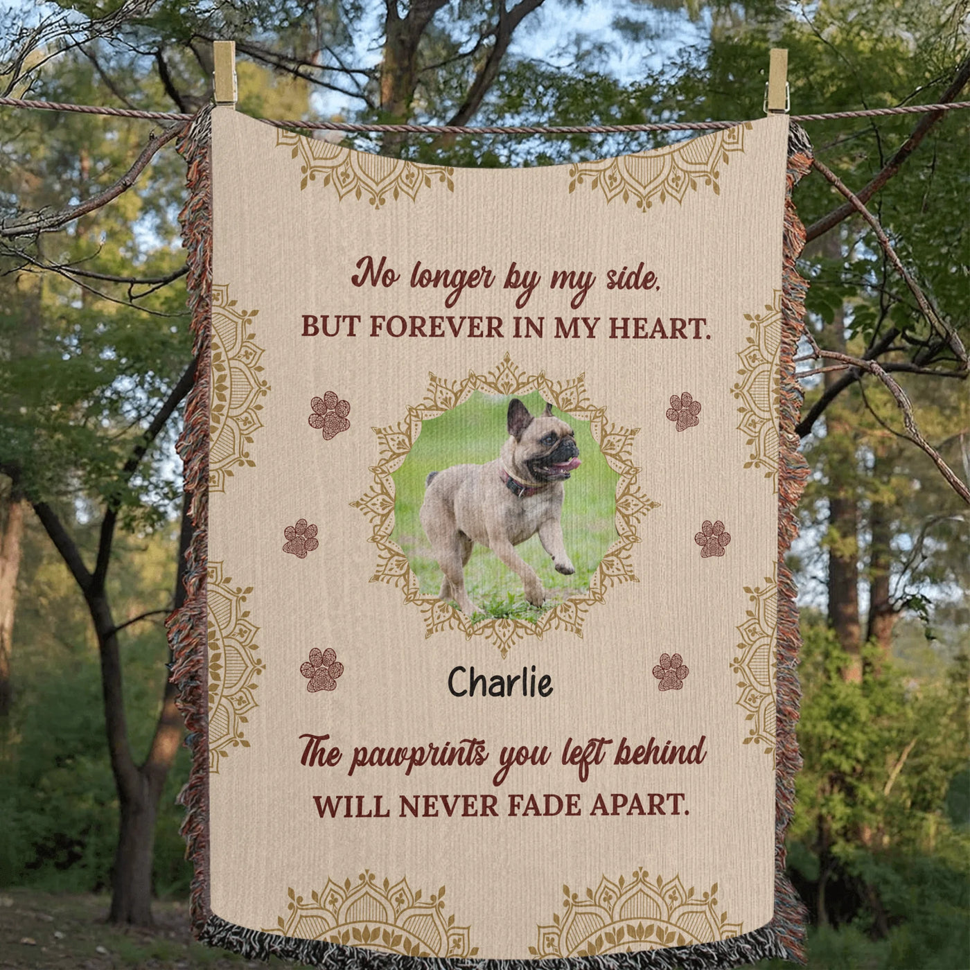 Personalized woven pet memorial blanket with photo, name, pawprint accents, and heartfelt quote in a soft boho design