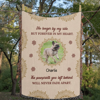 Personalized woven pet memorial blanket with photo, name, pawprint accents, and heartfelt quote in a soft boho design