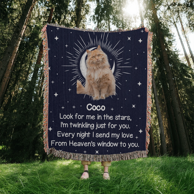 Personalized woven pet memorial blanket with cat photo, starry sky design, moonlight, and remembrance poem