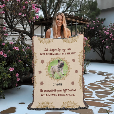Personalized woven pet memorial blanket with photo, name, pawprint accents, and heartfelt quote in a soft boho design
