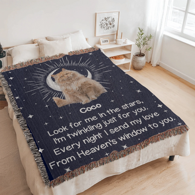 Personalized woven pet memorial blanket with cat photo, starry sky design, moonlight, and remembrance poem