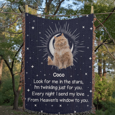 Personalized woven pet memorial blanket with cat photo, starry sky design, moonlight, and remembrance poem