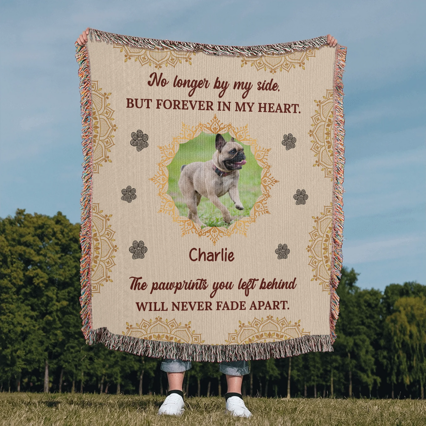Personalized woven pet memorial blanket with photo, name, pawprint accents, and heartfelt quote in a soft boho design