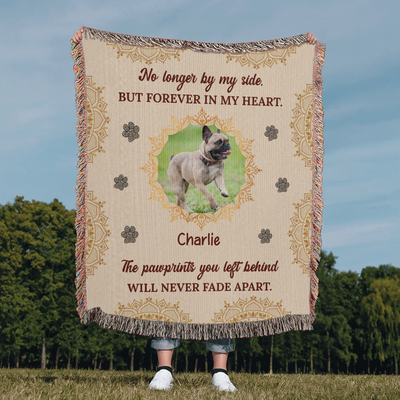 Personalized woven pet memorial blanket with photo, name, pawprint accents, and heartfelt quote in a soft boho design