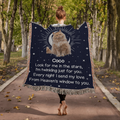 Personalized woven pet memorial blanket with cat photo, starry sky design, moonlight, and remembrance poem