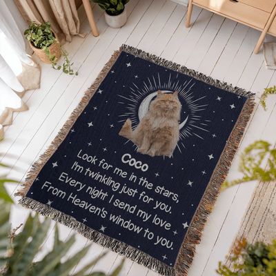 Personalized woven pet memorial blanket with cat photo, starry sky design, moonlight, and remembrance poem