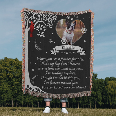A personalized pet memorial woven blanket with a custom photo, heart frame, cardinal, and sentimental poem. A heartfelt tribute to a beloved companion.