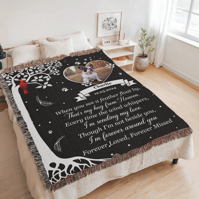 A personalized pet memorial woven blanket with a custom photo, heart frame, cardinal, and sentimental poem. A heartfelt tribute to a beloved companion.