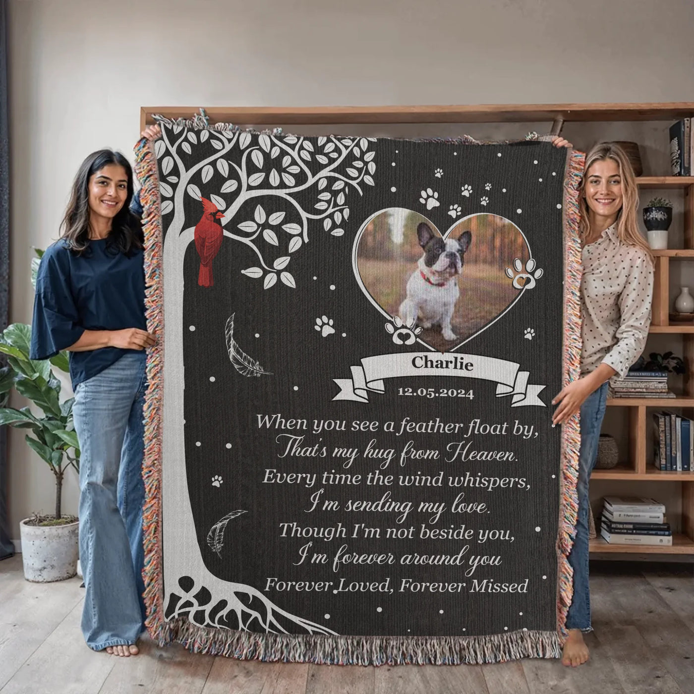 A personalized pet memorial woven blanket with a custom photo, heart frame, cardinal, and sentimental poem. A heartfelt tribute to a beloved companion.
