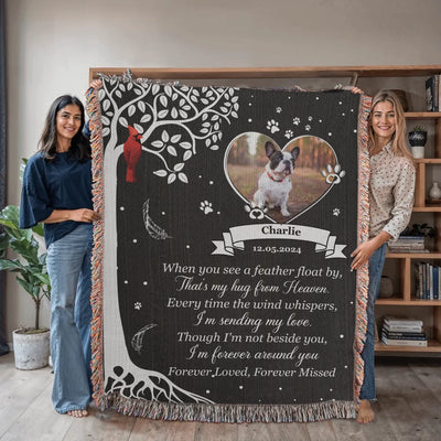 A personalized pet memorial woven blanket with a custom photo, heart frame, cardinal, and sentimental poem. A heartfelt tribute to a beloved companion.