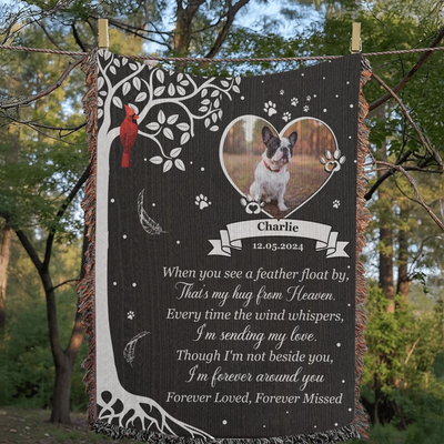 A personalized pet memorial woven blanket with a custom photo, heart frame, cardinal, and sentimental poem. A heartfelt tribute to a beloved companion.