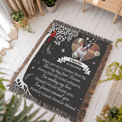 A personalized pet memorial woven blanket with a custom photo, heart frame, cardinal, and sentimental poem. A heartfelt tribute to a beloved companion.