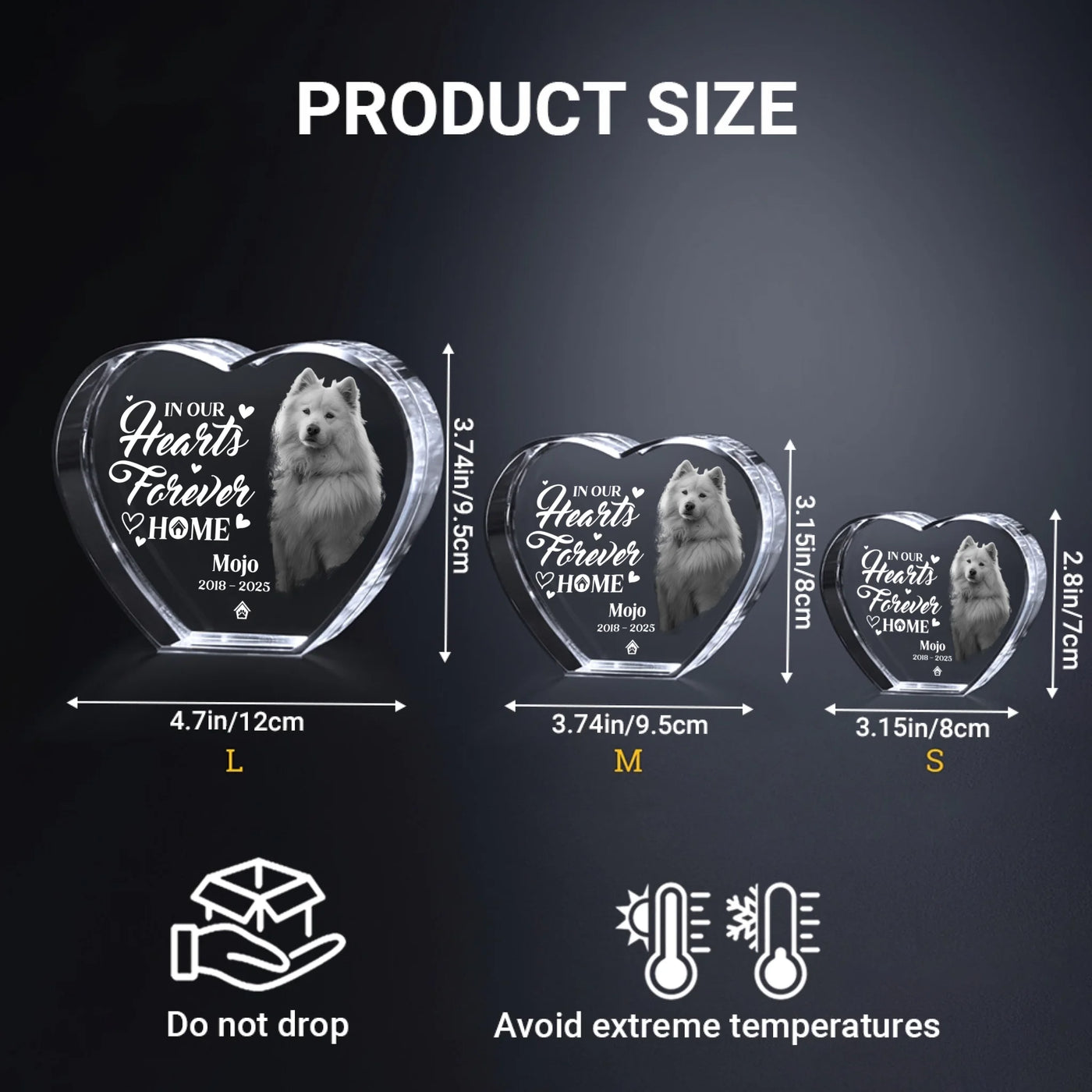 Personalized 3D crystal heart memorial in three sizes – custom photo engraved sympathy gift for pet lovers