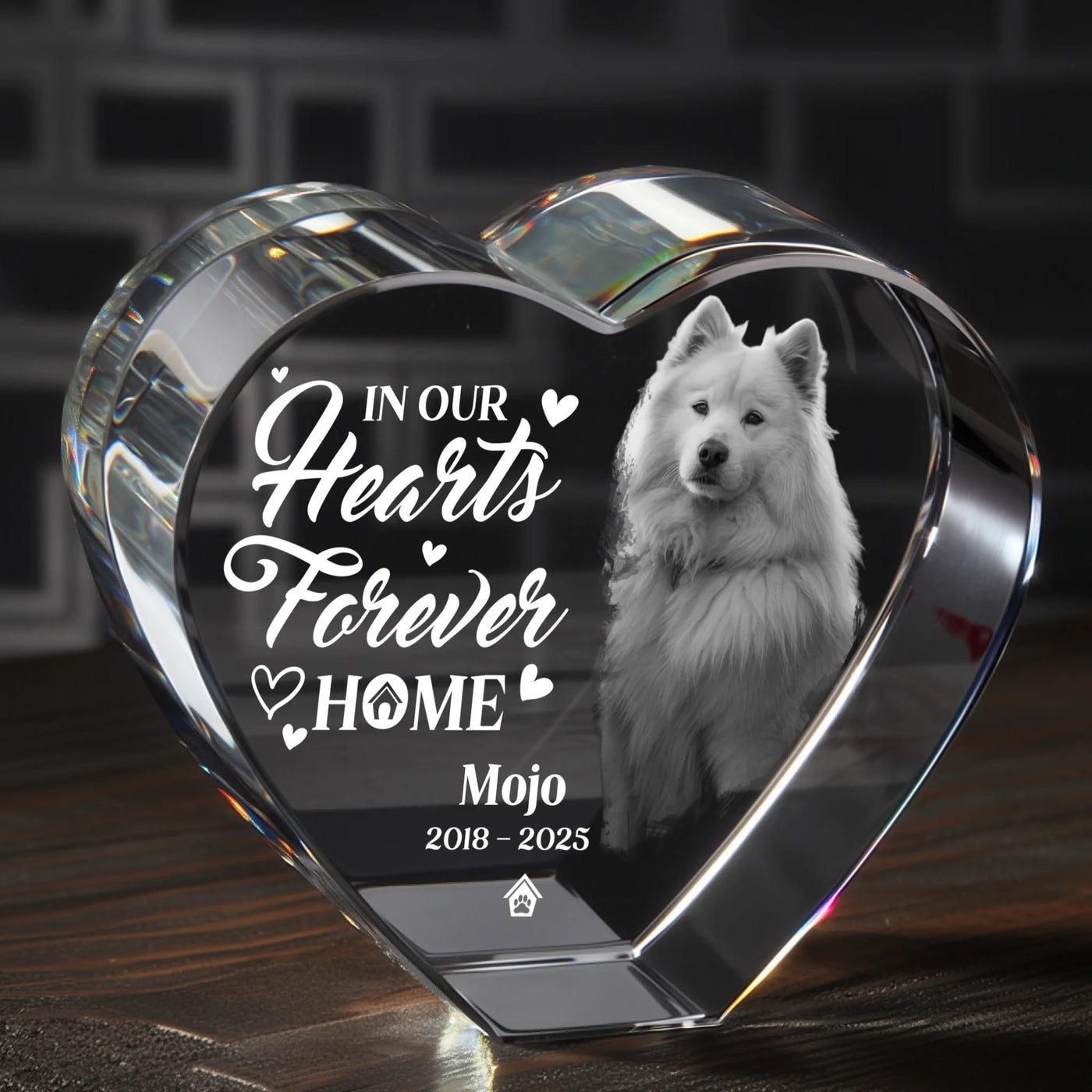 Custom engraved 3D crystal heart showing pet photo, name, and dates – personalized memorial keepsake for dogs, cats, and all pets