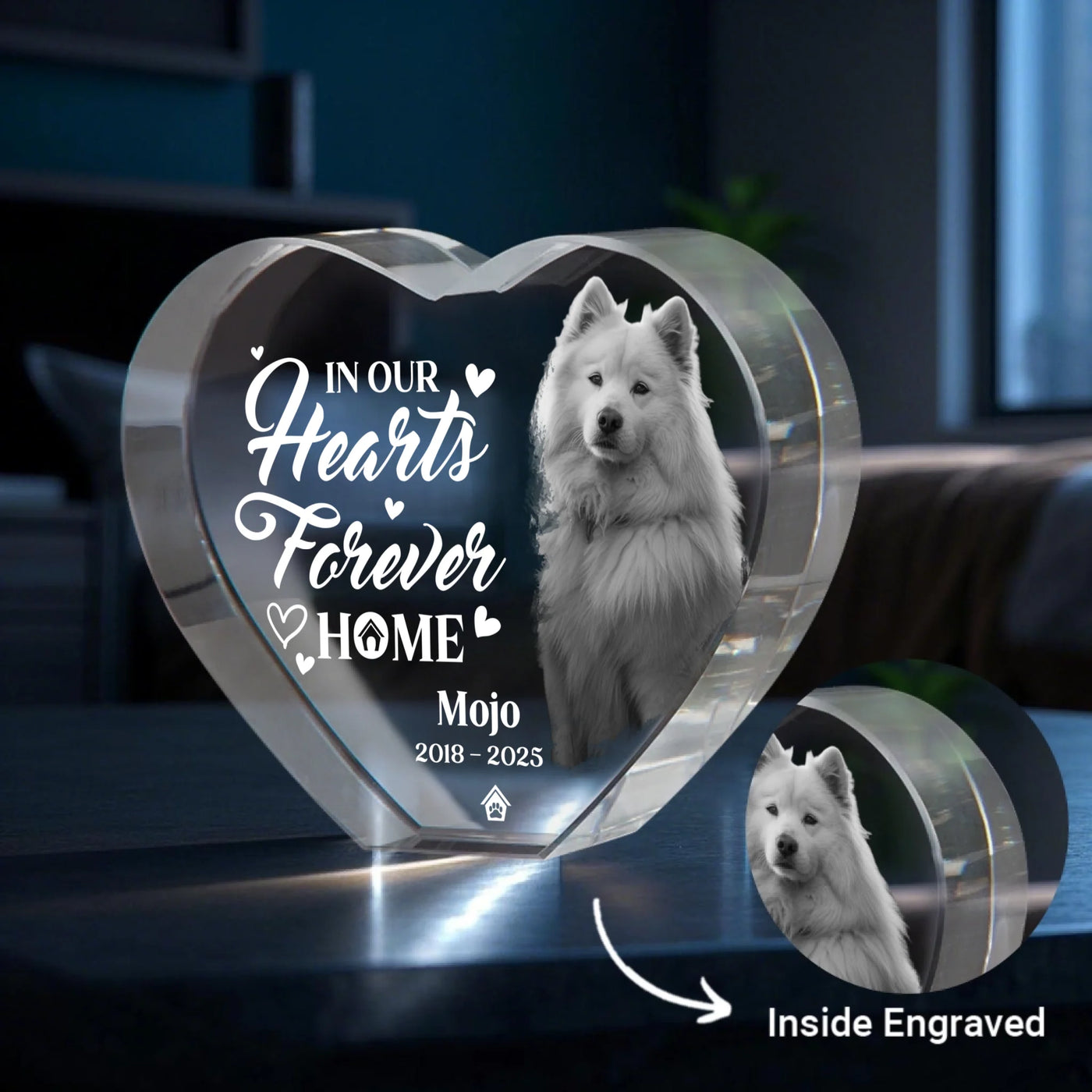 3D crystal heart pet memorial glowing under light – custom engraved remembrance keepsake for dogs, cats, rabbits, and more