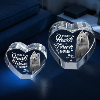 3D crystal heart pet memorial glowing under light – custom engraved remembrance keepsake for dogs, cats, rabbits, and more
