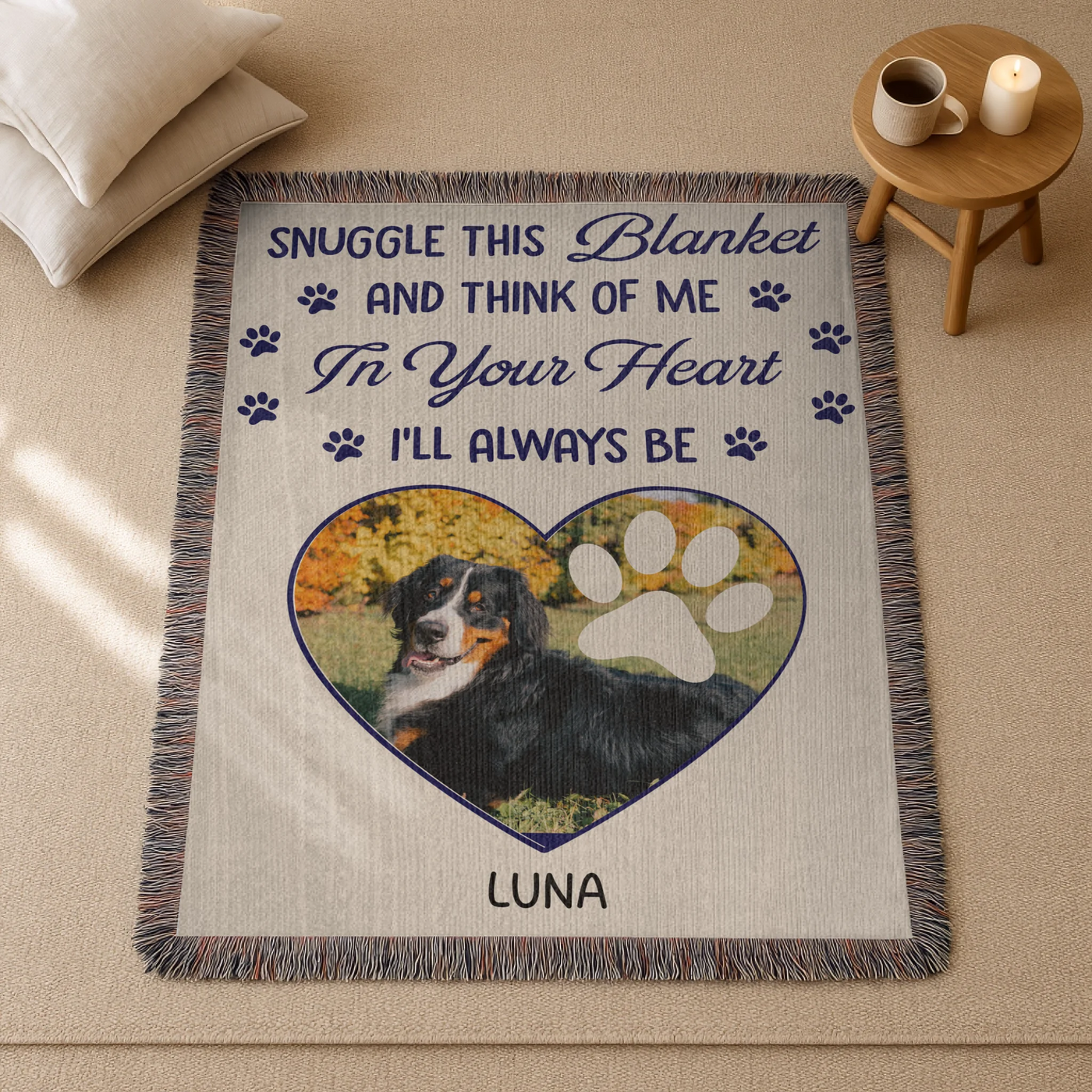 Custom pet memorial blanket with photo in heart shape, pawprint overlay, and quote: 'Snuggle this blanket and think of me. In your heart, I’ll always be