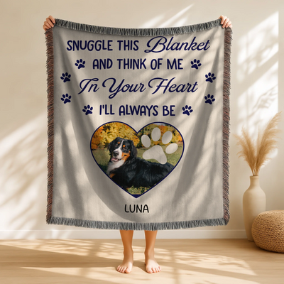 Custom pet memorial blanket with photo in heart shape, pawprint overlay, and quote: 'Snuggle this blanket and think of me. In your heart, I’ll always be