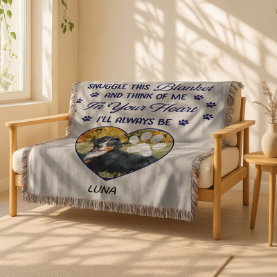 Custom pet memorial blanket with photo in heart shape, pawprint overlay, and quote: 'Snuggle this blanket and think of me. In your heart, I’ll always be