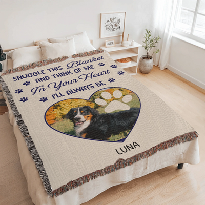 Custom pet memorial blanket with photo in heart shape, pawprint overlay, and quote: 'Snuggle this blanket and think of me. In your heart, I’ll always be