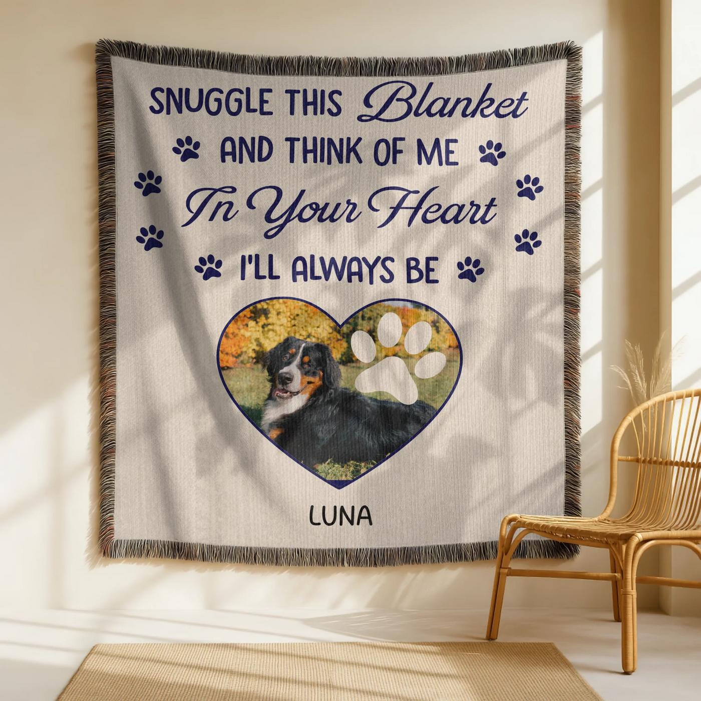 Custom pet memorial blanket with photo in heart shape, pawprint overlay, and quote: 'Snuggle this blanket and think of me. In your heart, I’ll always be