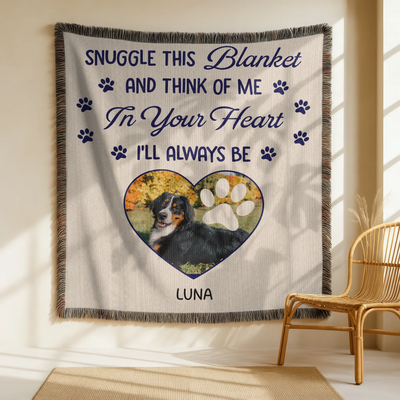 Custom pet memorial blanket with photo in heart shape, pawprint overlay, and quote: 'Snuggle this blanket and think of me. In your heart, I’ll always be