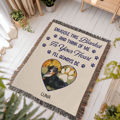 Custom pet memorial blanket with photo in heart shape, pawprint overlay, and quote: 'Snuggle this blanket and think of me. In your heart, I’ll always be