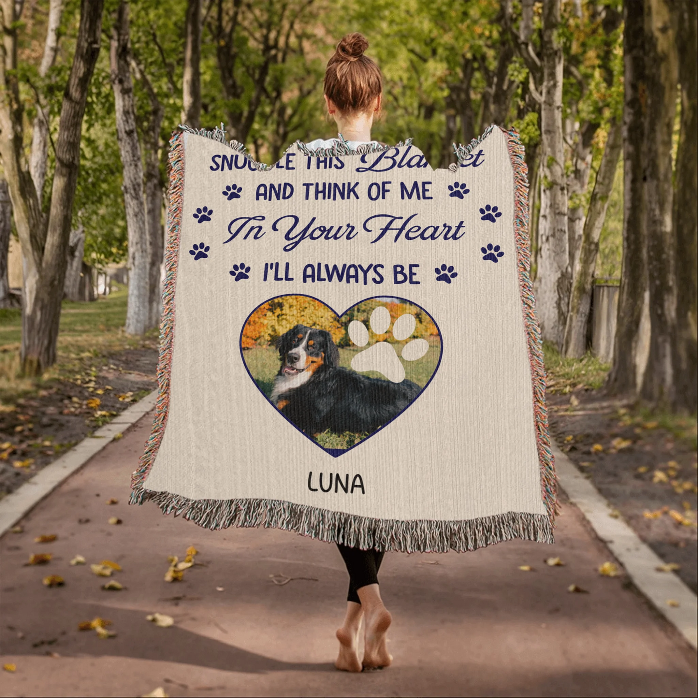 Custom pet memorial blanket with photo in heart shape, pawprint overlay, and quote: 'Snuggle this blanket and think of me. In your heart, I’ll always be