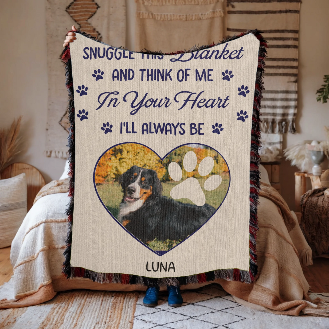 Custom pet memorial blanket with photo in heart shape, pawprint overlay, and quote: 'Snuggle this blanket and think of me. In your heart, I’ll always be