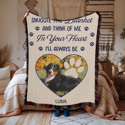 Custom pet memorial blanket with photo in heart shape, pawprint overlay, and quote: 'Snuggle this blanket and think of me. In your heart, I’ll always be