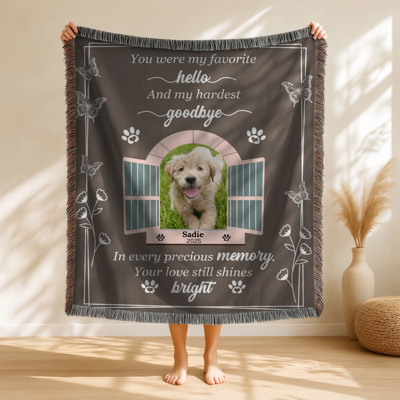 Personalized pet memorial blanket with butterfly and open window design, custom photo, name, and heartfelt goodbye quote