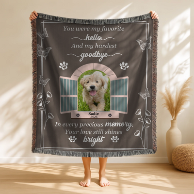 Personalized pet memorial blanket with butterfly and open window design, custom photo, name, and heartfelt goodbye quote