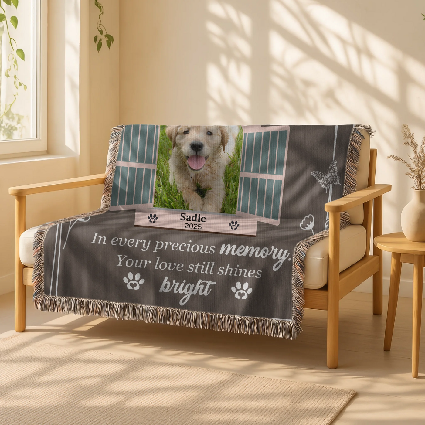 Personalized pet memorial blanket with butterfly and open window design, custom photo, name, and heartfelt goodbye quote